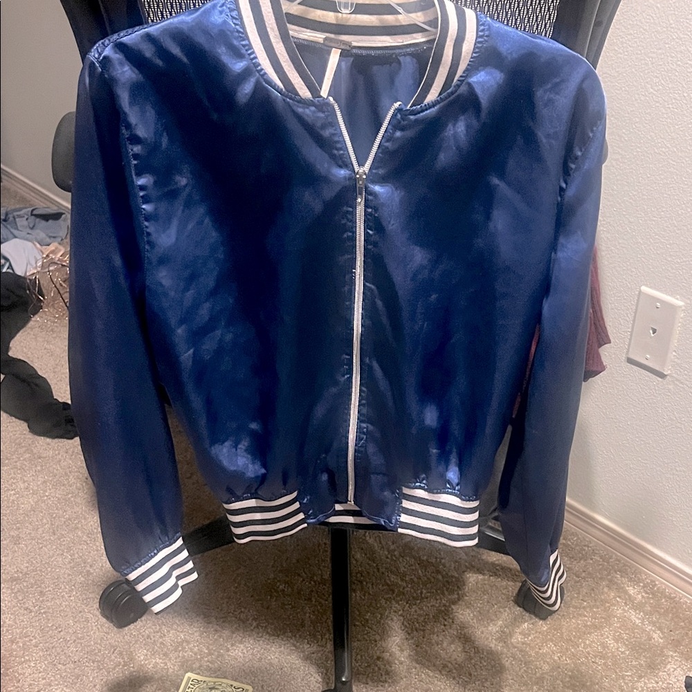 Poof! Blue Bomber Jacket with White Stripes